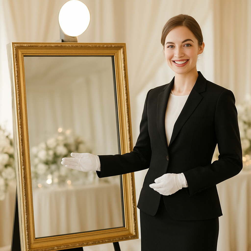 IVORA Booth Co. professional attendant beside a luxury mirror photo booth