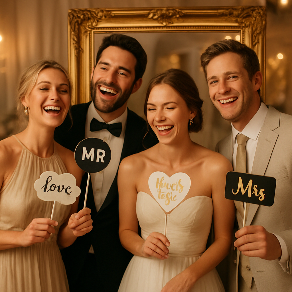 Happy guests posing at a gold-framed mirror photo booth