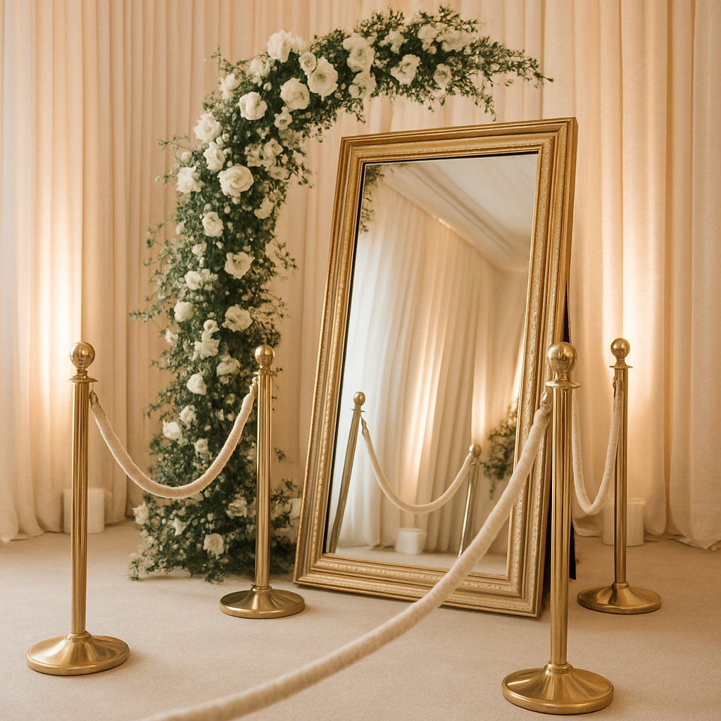 Luxury mirror booth setup with gold stanchions and floral arch